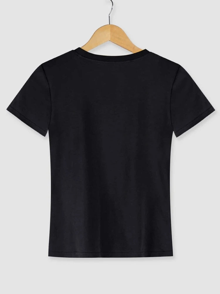 Womens Premium Cotton Printed T-Shirt in Black, featuring a stylish print and soft fabric, perfect for casual wear.