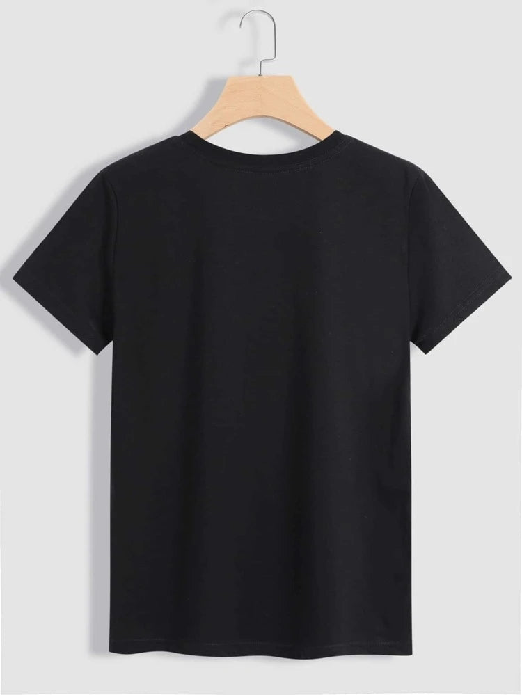 Womens Premium Cotton Printed T-Shirt in Black, featuring a stylish design and soft fabric.