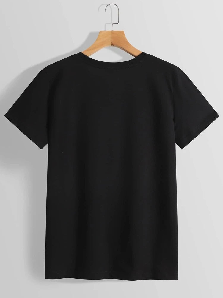 Womens Premium Cotton Printed T-Shirt in Black, featuring a stylish print and soft fabric.