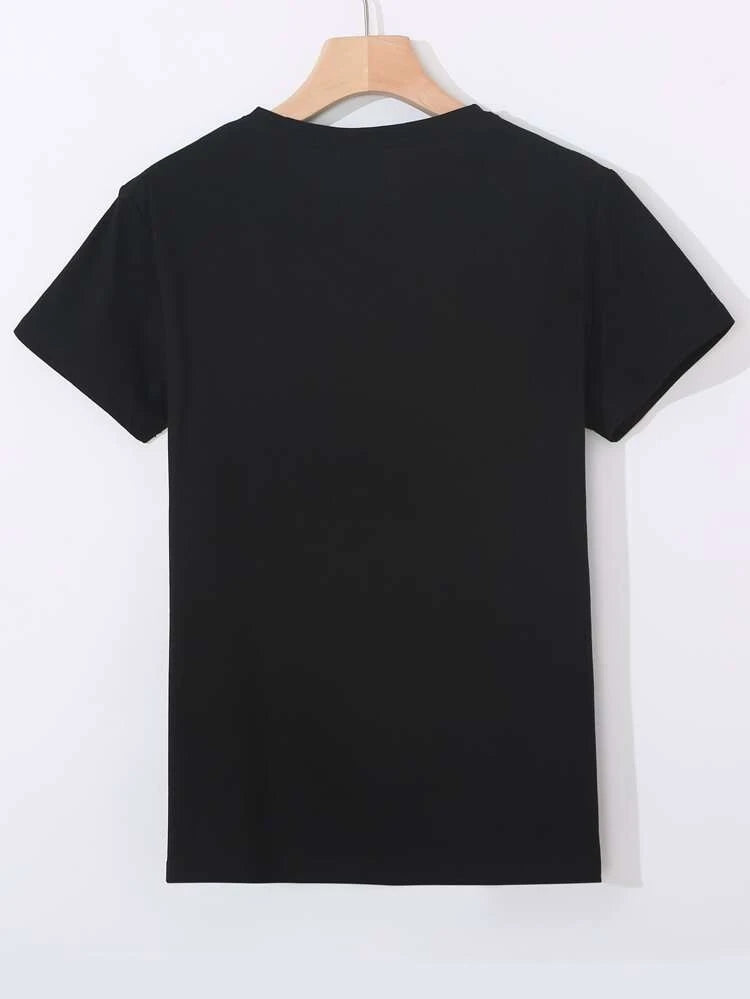 Womens Premium Cotton Printed T-Shirt in Black, featuring a stylish print and soft fabric.