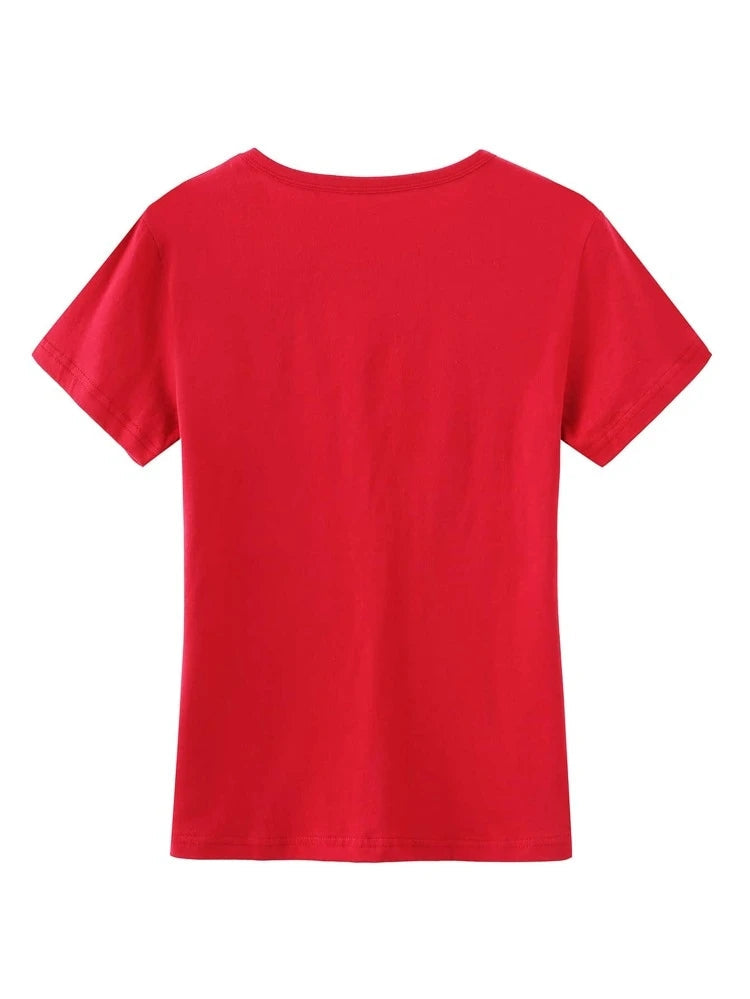 Womens Premium Cotton Printed T-Shirt in red with unique design, showcasing its soft fabric and stylish look.