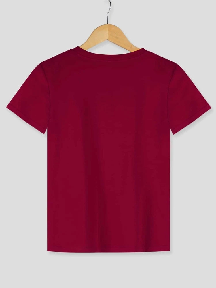 Womens Premium Cotton Printed T-Shirt in maroon with stylish print design, showcasing soft fabric and relaxed fit.