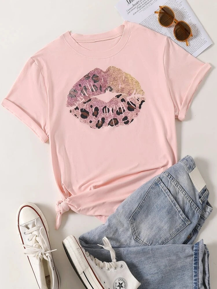 Womens Premium Cotton Printed T-Shirt in pink with stylish print design, showcasing soft fabric and relaxed fit.