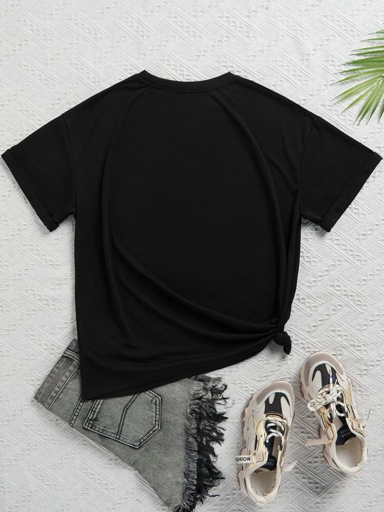 Womens Premium Cotton Printed T-Shirt in Black with stylish print design, showcasing soft fabric and comfortable fit.