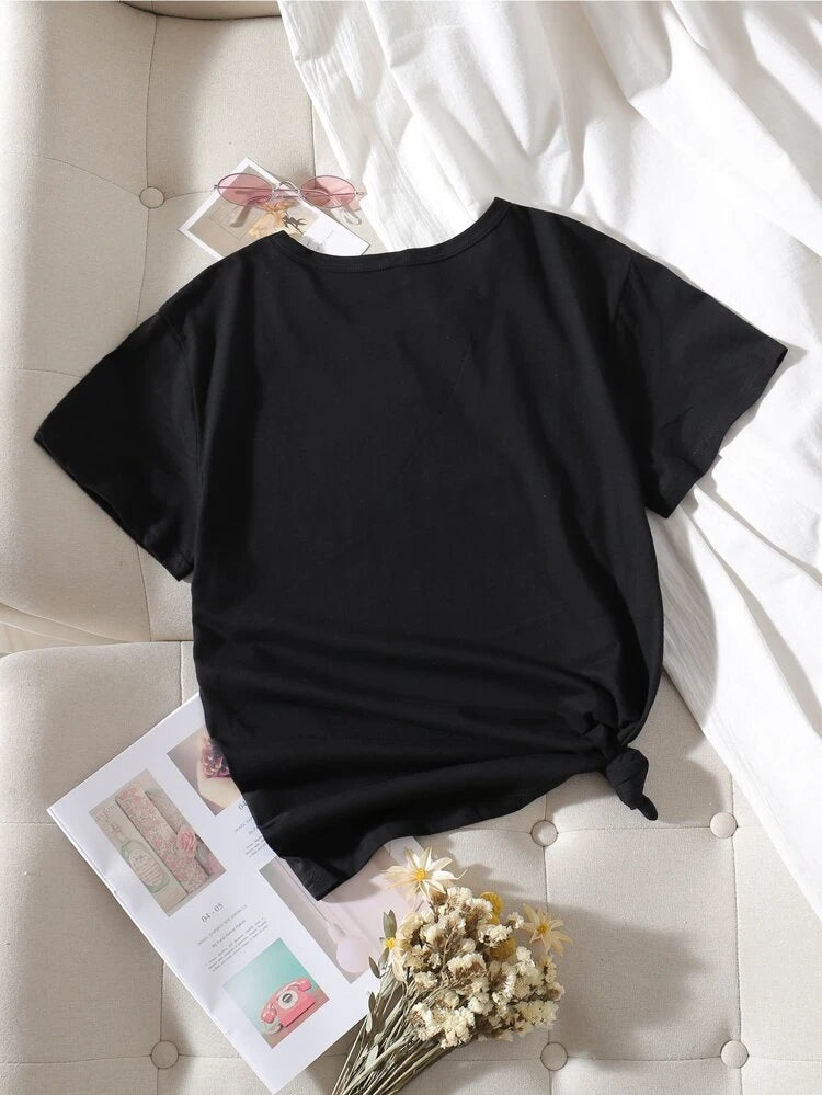 Womens Premium Cotton Printed T-Shirt in Black with stylish print design, showcasing its soft fabric and comfortable fit.