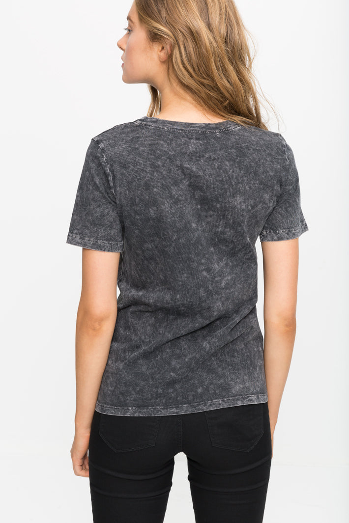 Women's Off Black Sheer Detail Mineral Washed Tee with round hem and back zip, showcasing a stylish and comfortable design.