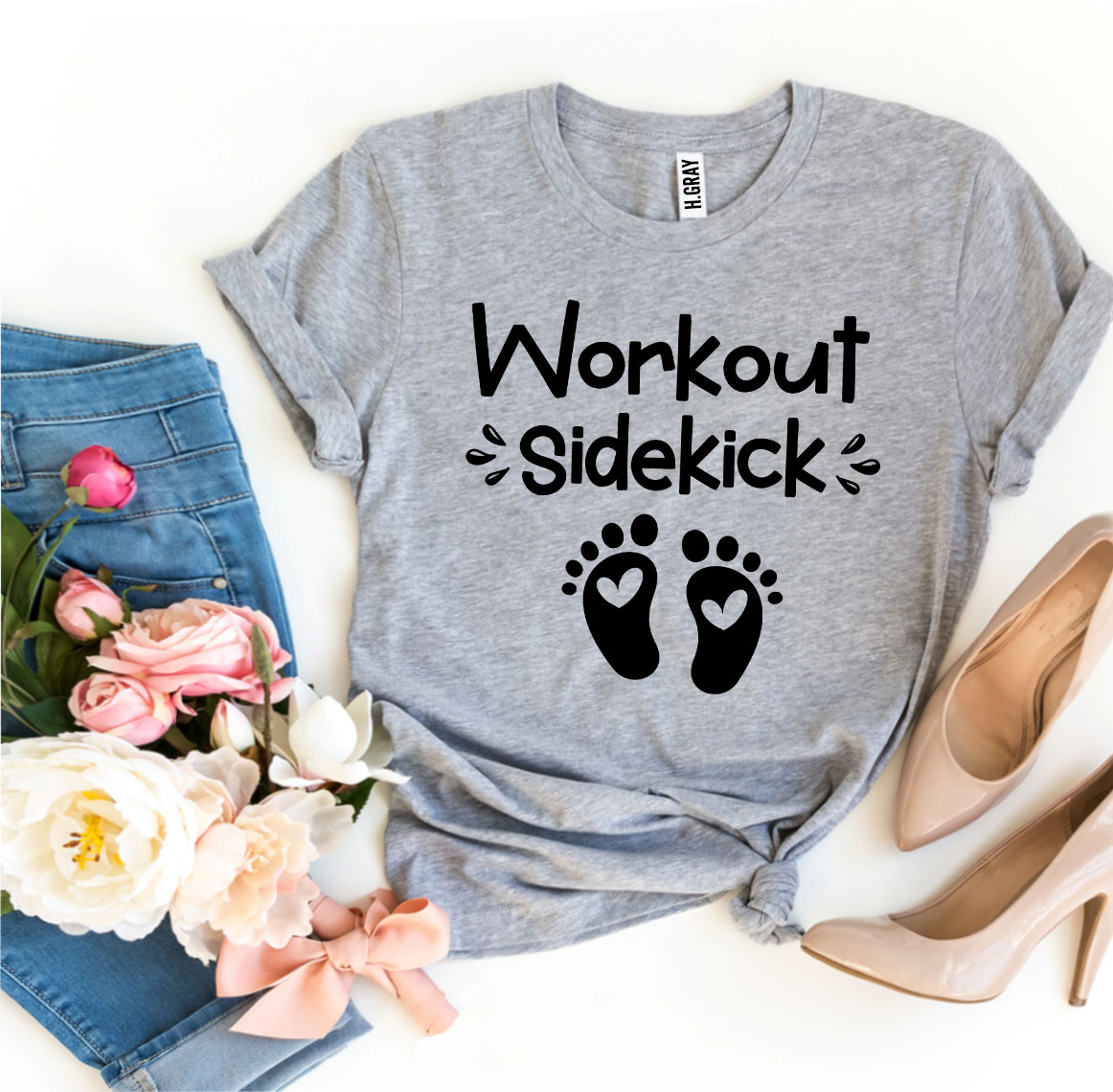 A stylish Workout Sidekick T-shirt made from premium ring spun cotton, featuring a vibrant flex print design, available in various sizes.