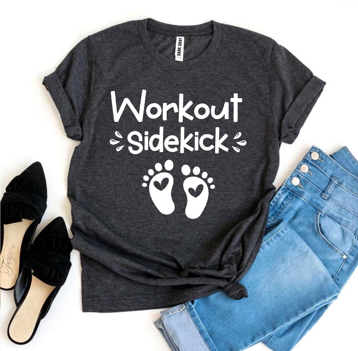 A stylish Workout Sidekick T-shirt made from premium ring spun cotton, featuring a vibrant flex print design, available in various sizes.