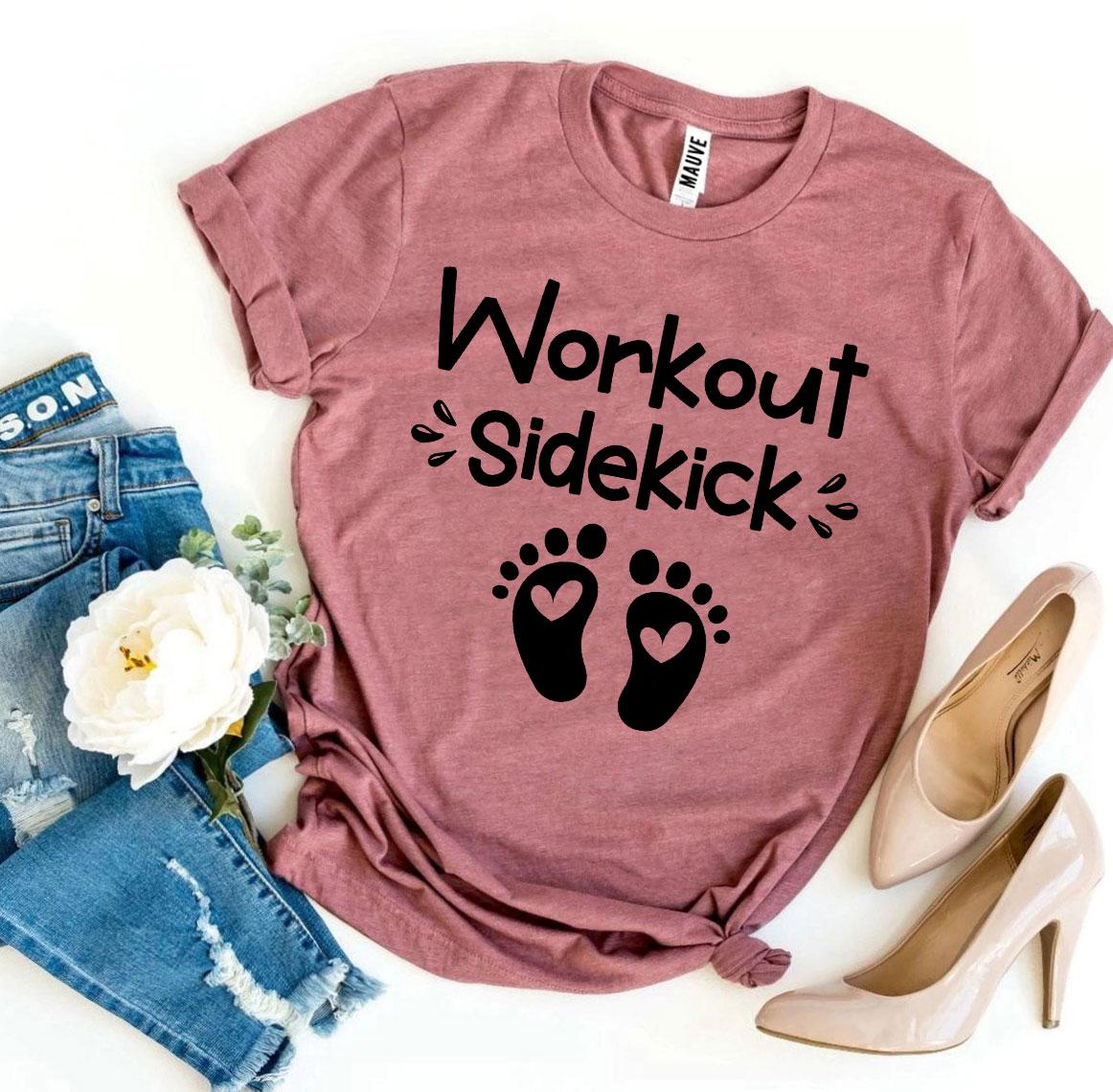 A stylish Workout Sidekick T-shirt made from premium ring spun cotton, featuring a vibrant flex print design, available in various sizes.