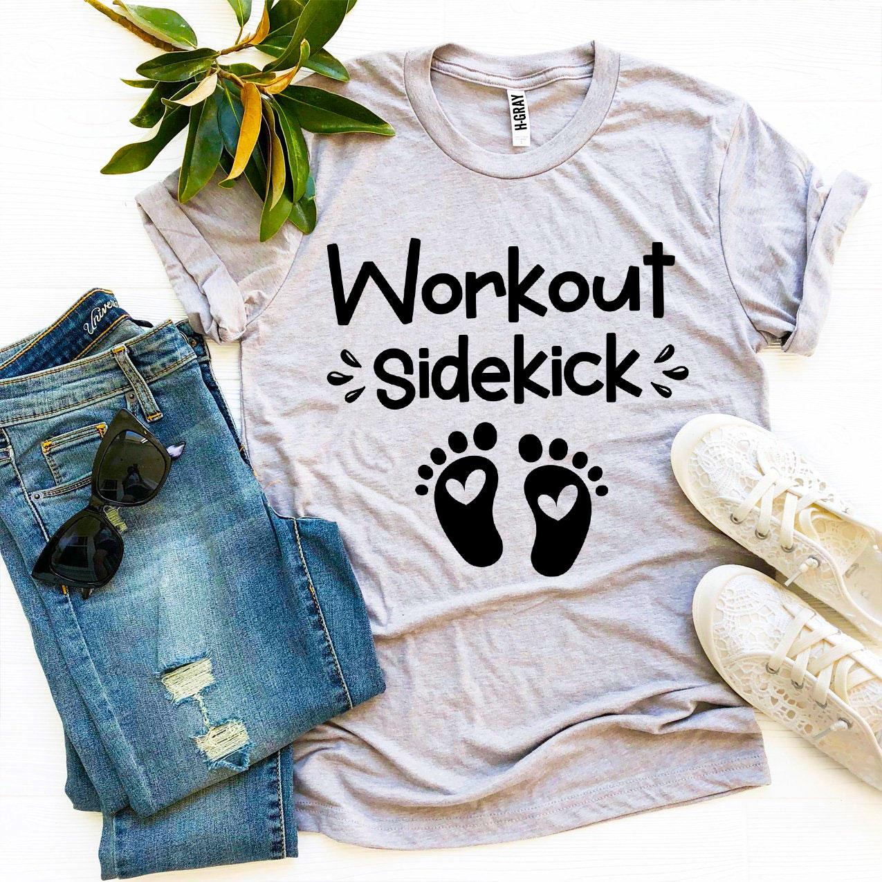 A stylish Workout Sidekick T-shirt made from premium ring spun cotton, featuring a vibrant flex print design, available in various sizes.