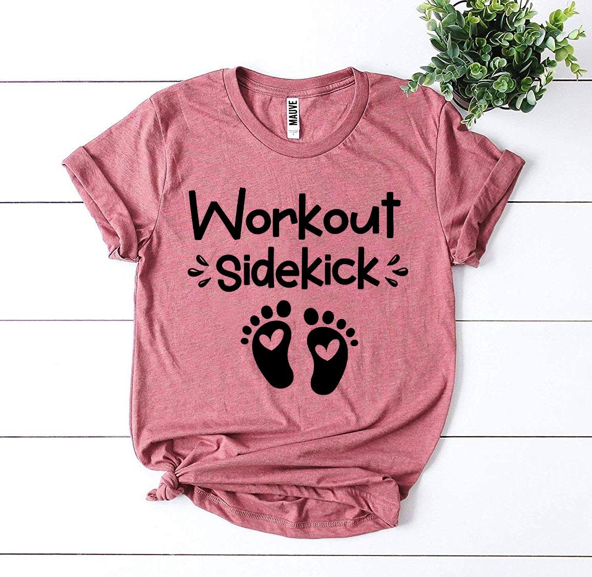 A stylish Workout Sidekick T-shirt made from premium ring spun cotton, featuring a vibrant flex print design, available in various sizes.