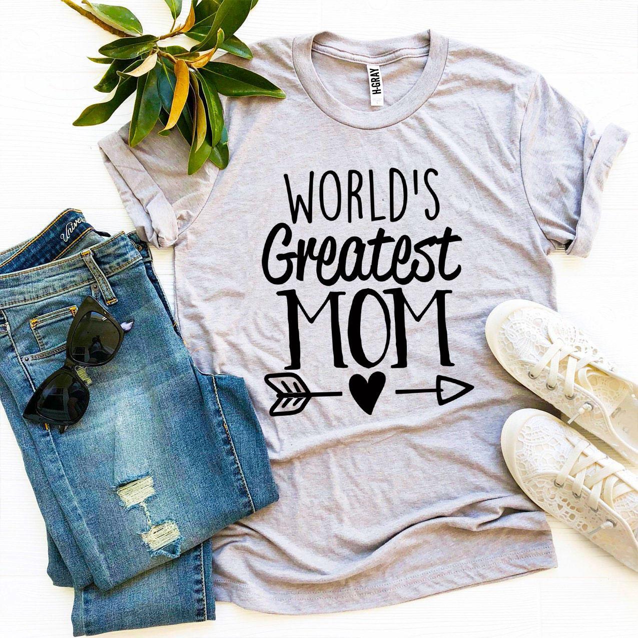 World's Greatest Mom T-shirt made of soft ring spun cotton with vibrant print, available in various sizes.