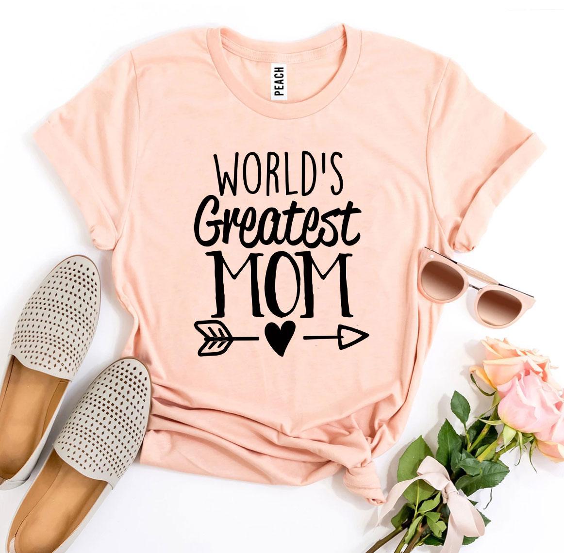 World's Greatest Mom T-shirt made of soft ring spun cotton with vibrant print, available in various sizes.