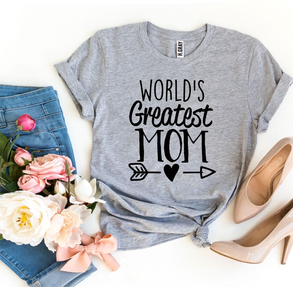 World's Greatest Mom T-shirt made of soft ring spun cotton with vibrant print, available in various sizes.