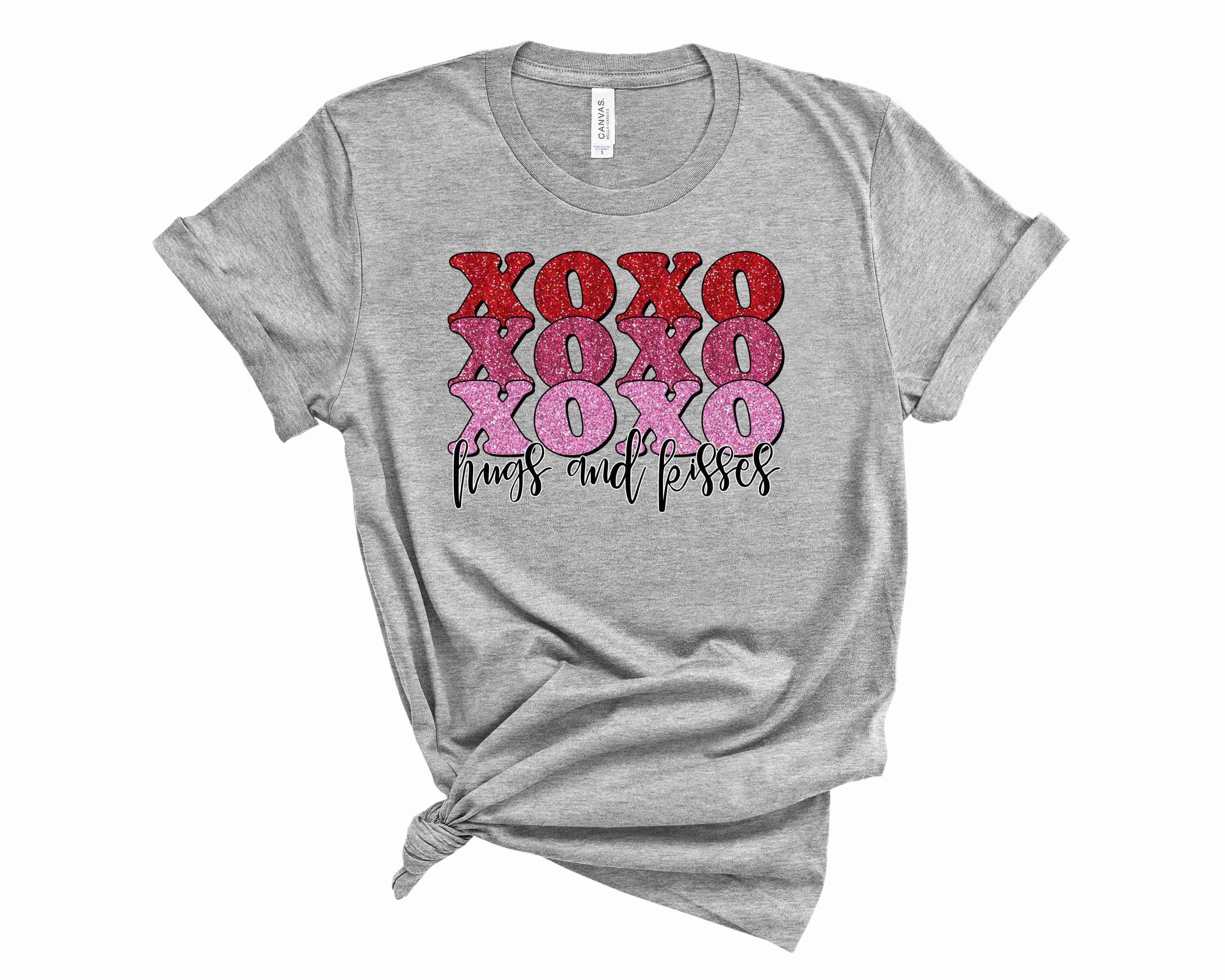 XOXO Hugs and Kisses Graphic Tee featuring playful design and unisex fit, perfect for casual wear.