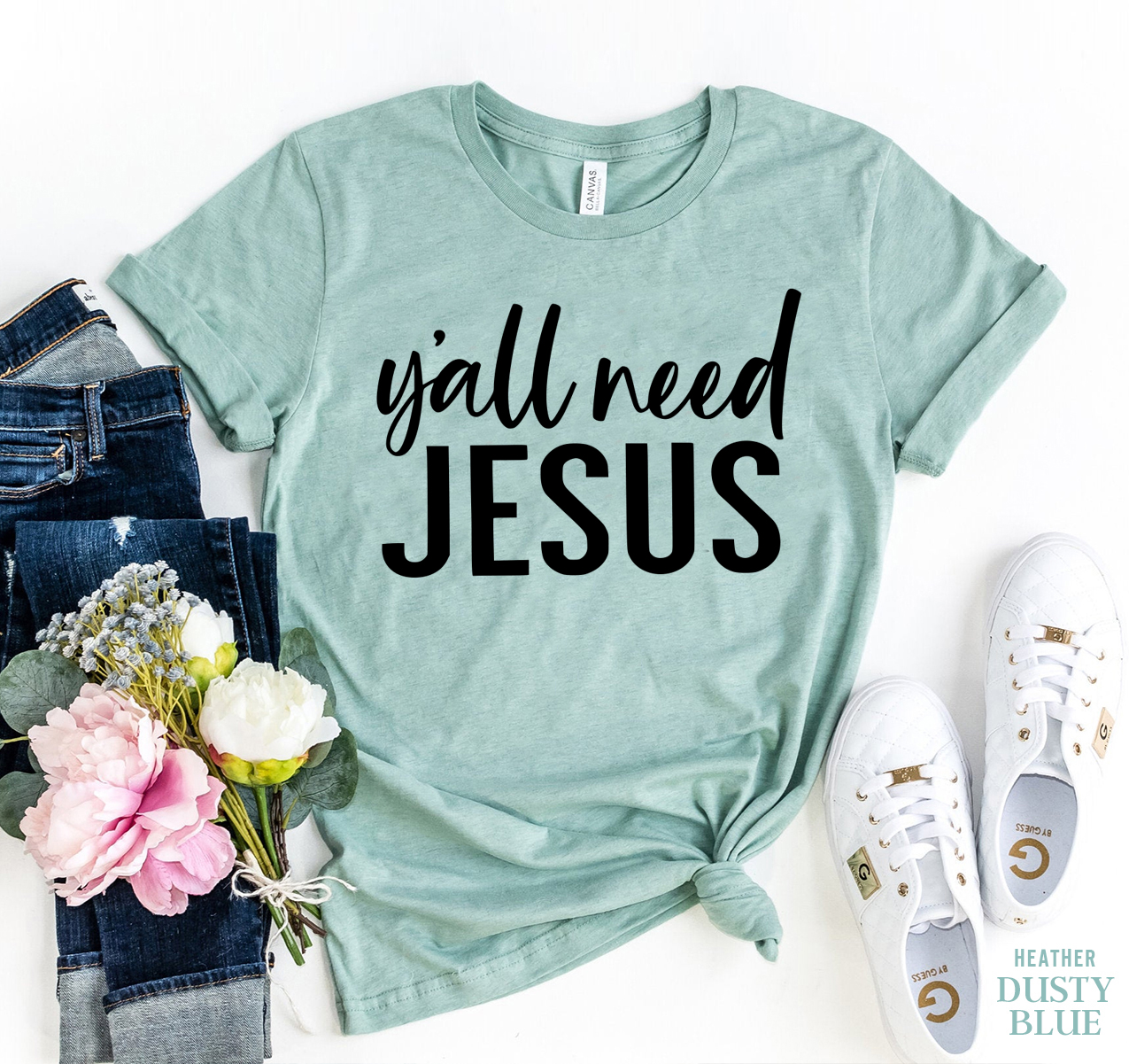 Y'all Need Jesus T-shirt in premium ring spun cotton with a stylish design and comfortable fit.