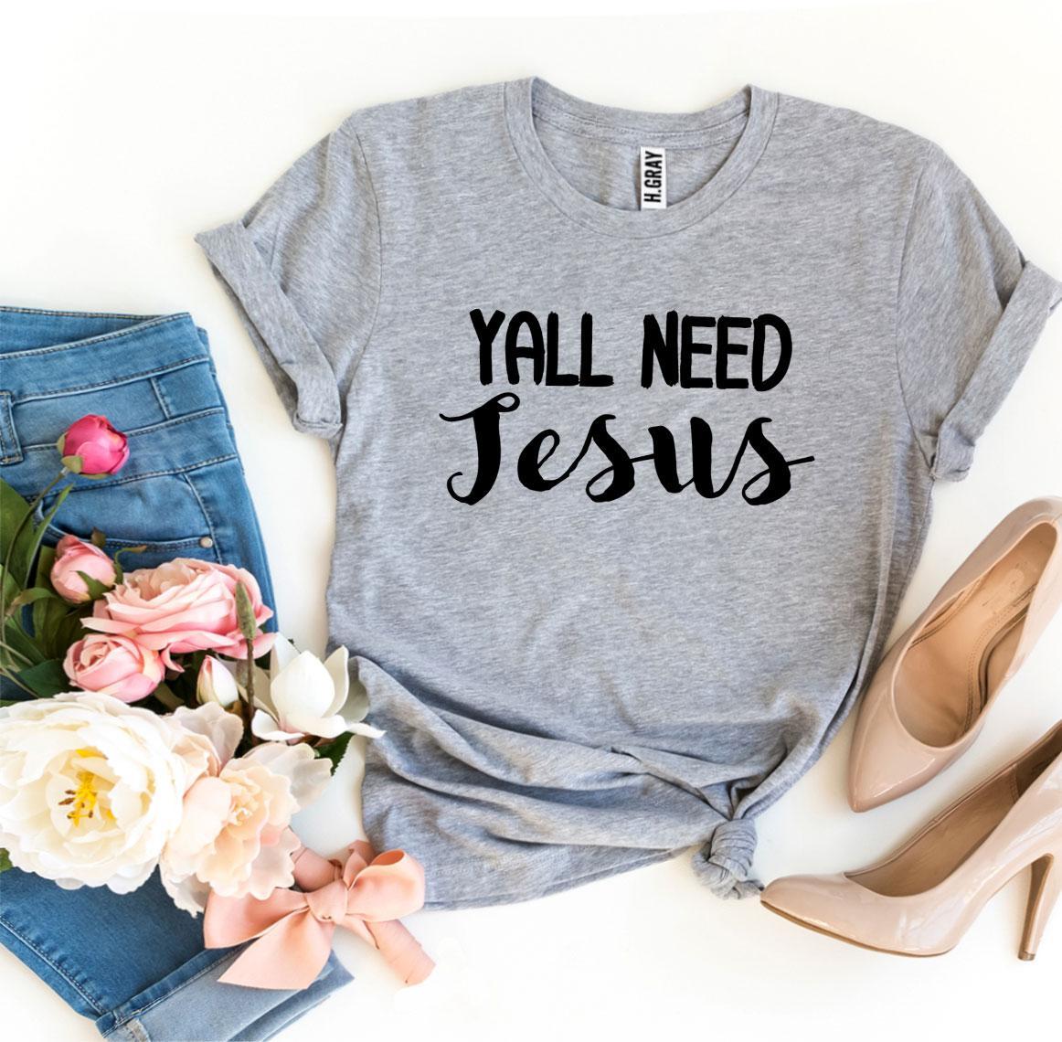 Yall Need Jesus T-shirt made of premium ring spun cotton, featuring a striking flex print design, available in various sizes.