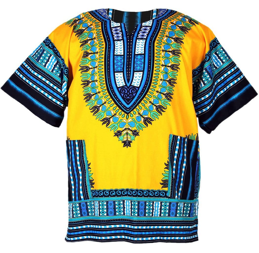 A vibrant yellow Dashiki shirt made from 100% cotton, showcasing a reversible design suitable for festive occasions.