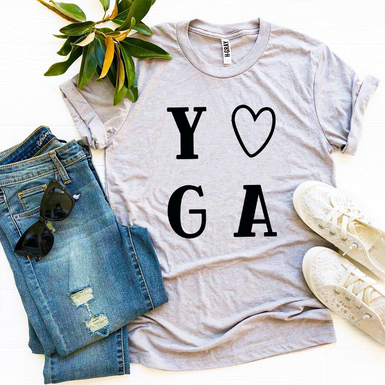 A stylish Yoga T-shirt made from premium ring spun cotton, featuring a soft feel and high-quality flex print design, available in various sizes.