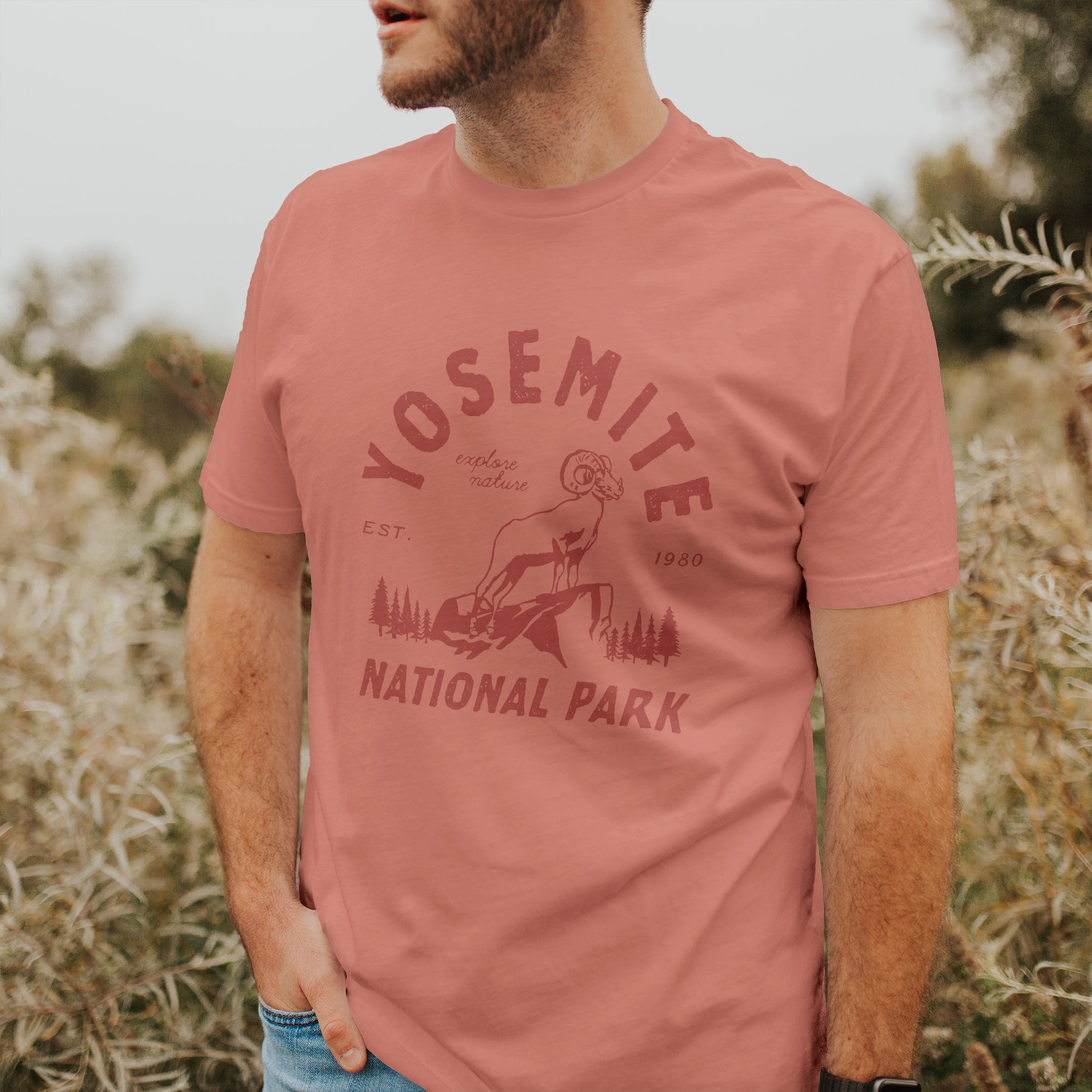 Yosemite National Park short sleeve t-shirt featuring a distressed design, made from soft combed cotton, perfect for casual wear.