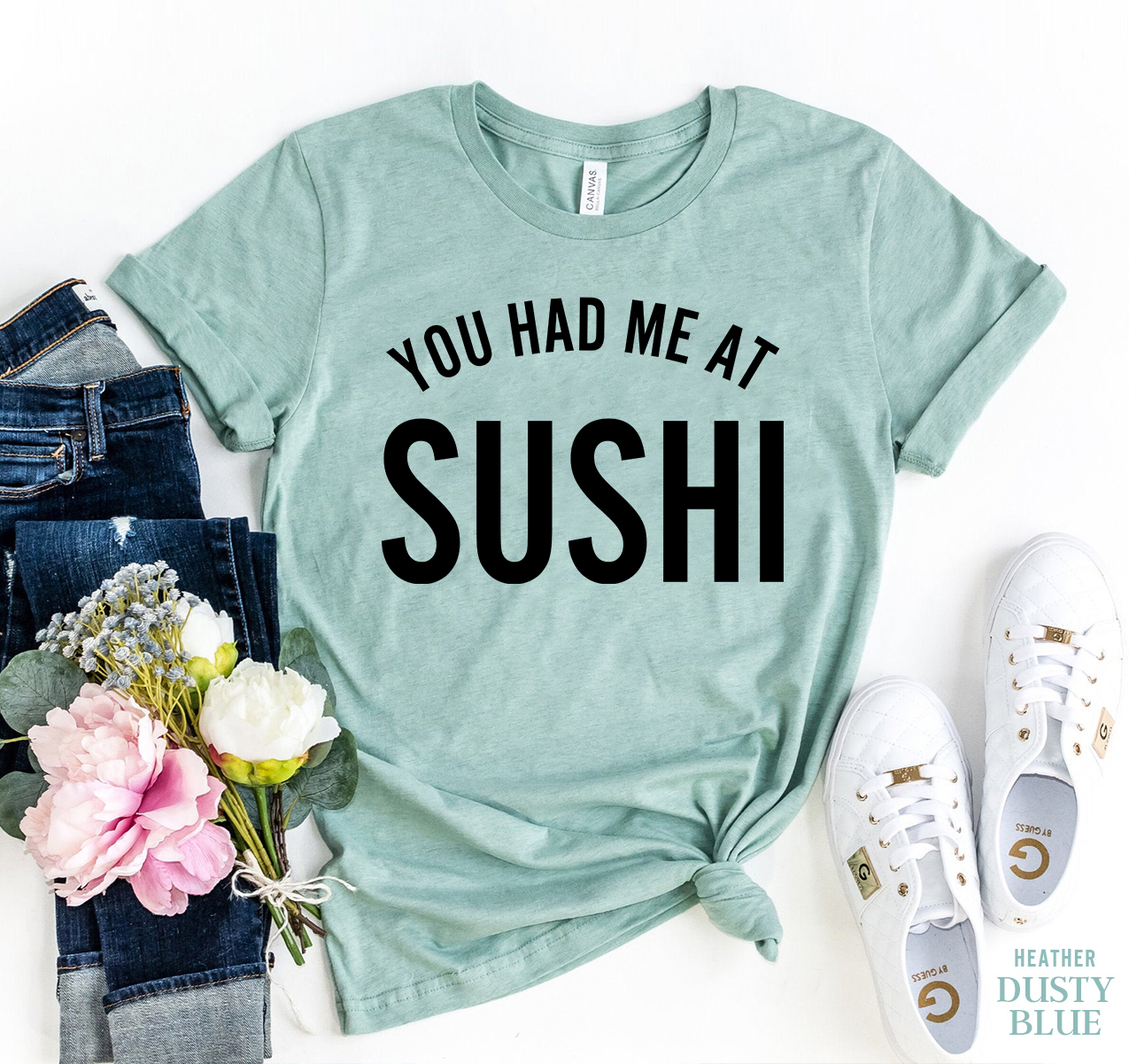 You Had Me At Sushi T-shirt made of premium ring spun cotton with a vibrant sushi-themed design.