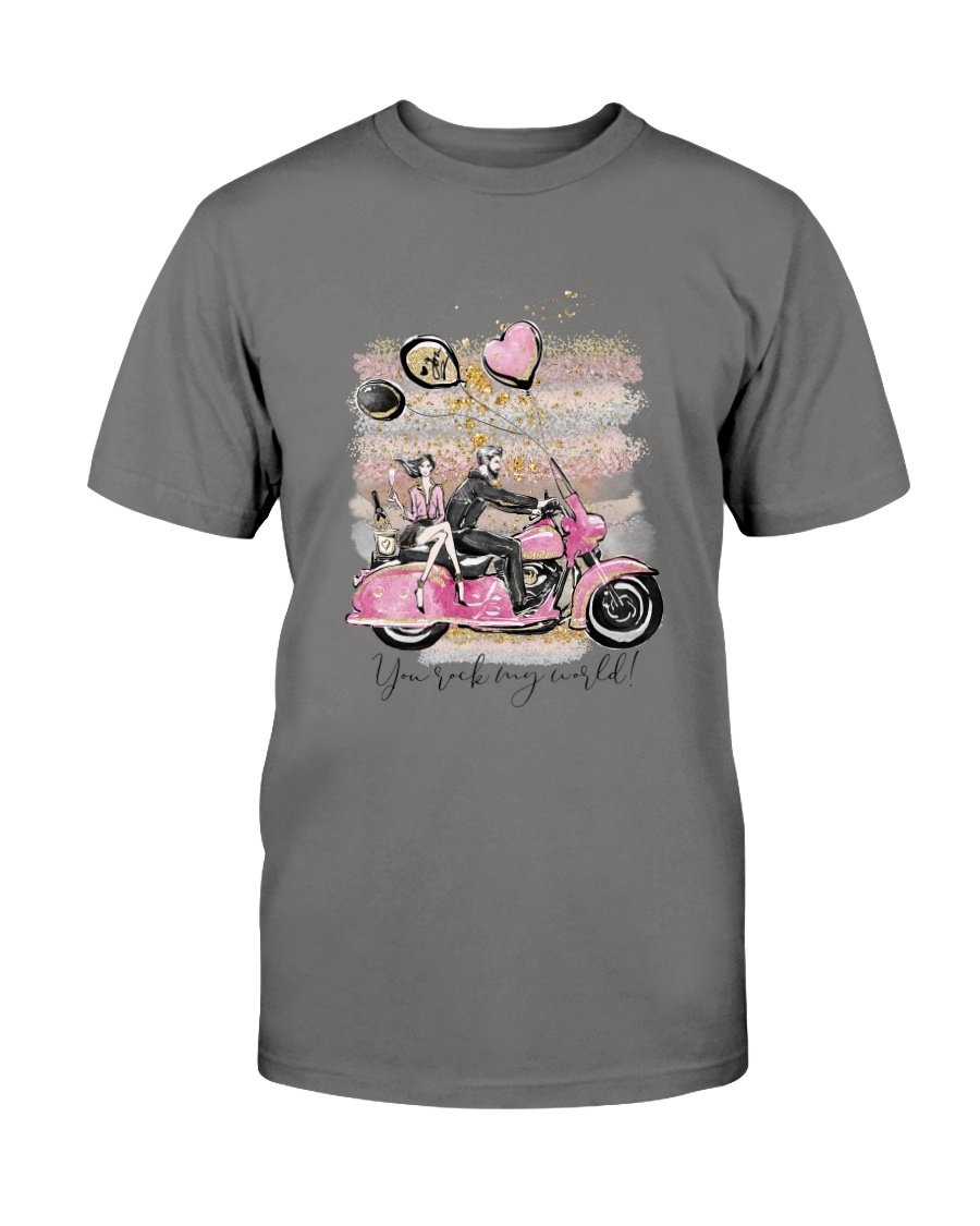 A stylish unisex T-shirt in various colors featuring the phrase 'You Rock My World', made from soft ring spun cotton.