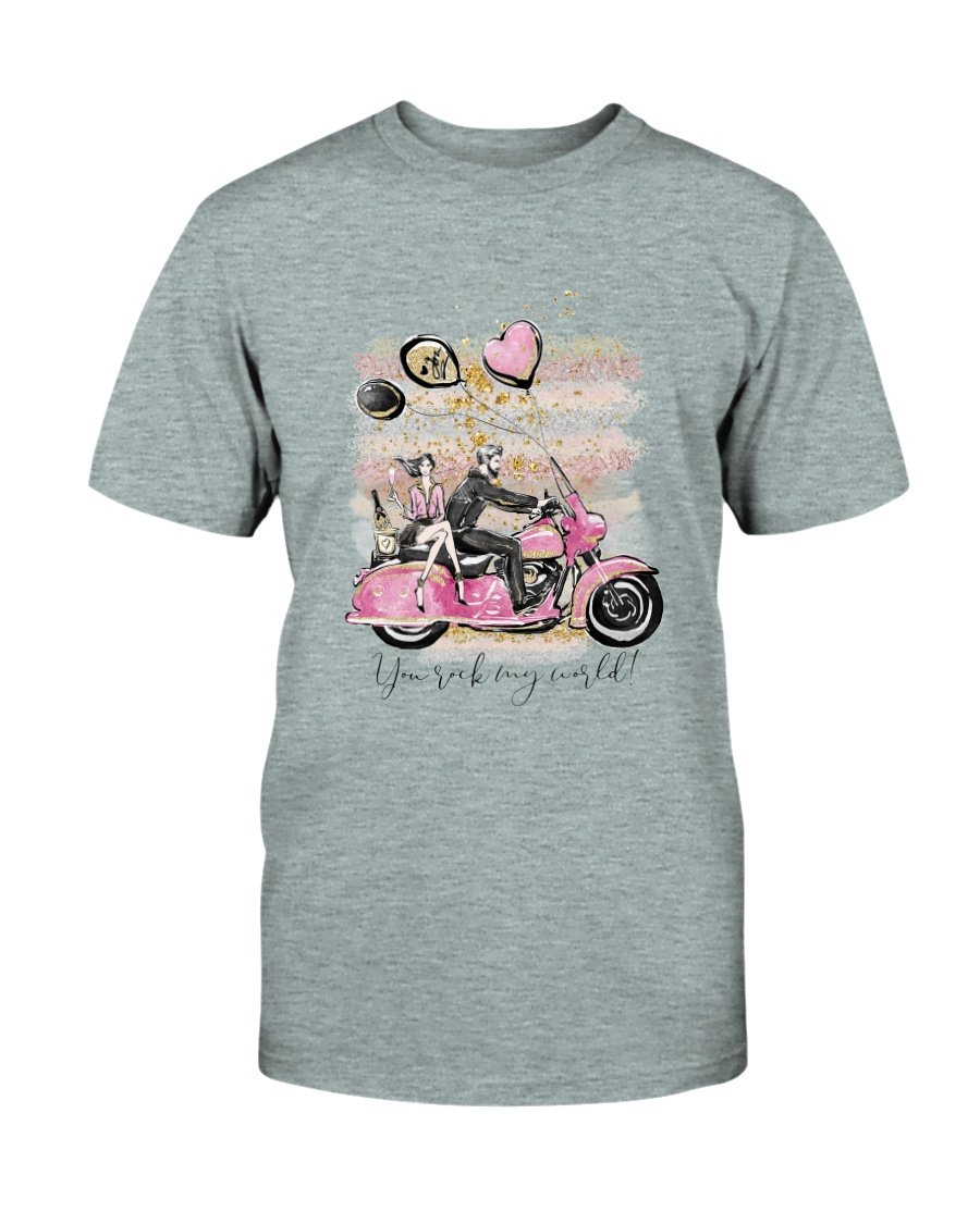 A stylish unisex T-shirt in various colors featuring the phrase 'You Rock My World', made from soft ring spun cotton.