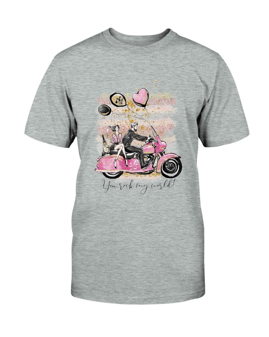 A stylish unisex T-shirt in various colors featuring the phrase 'You Rock My World', made from soft ring spun cotton.