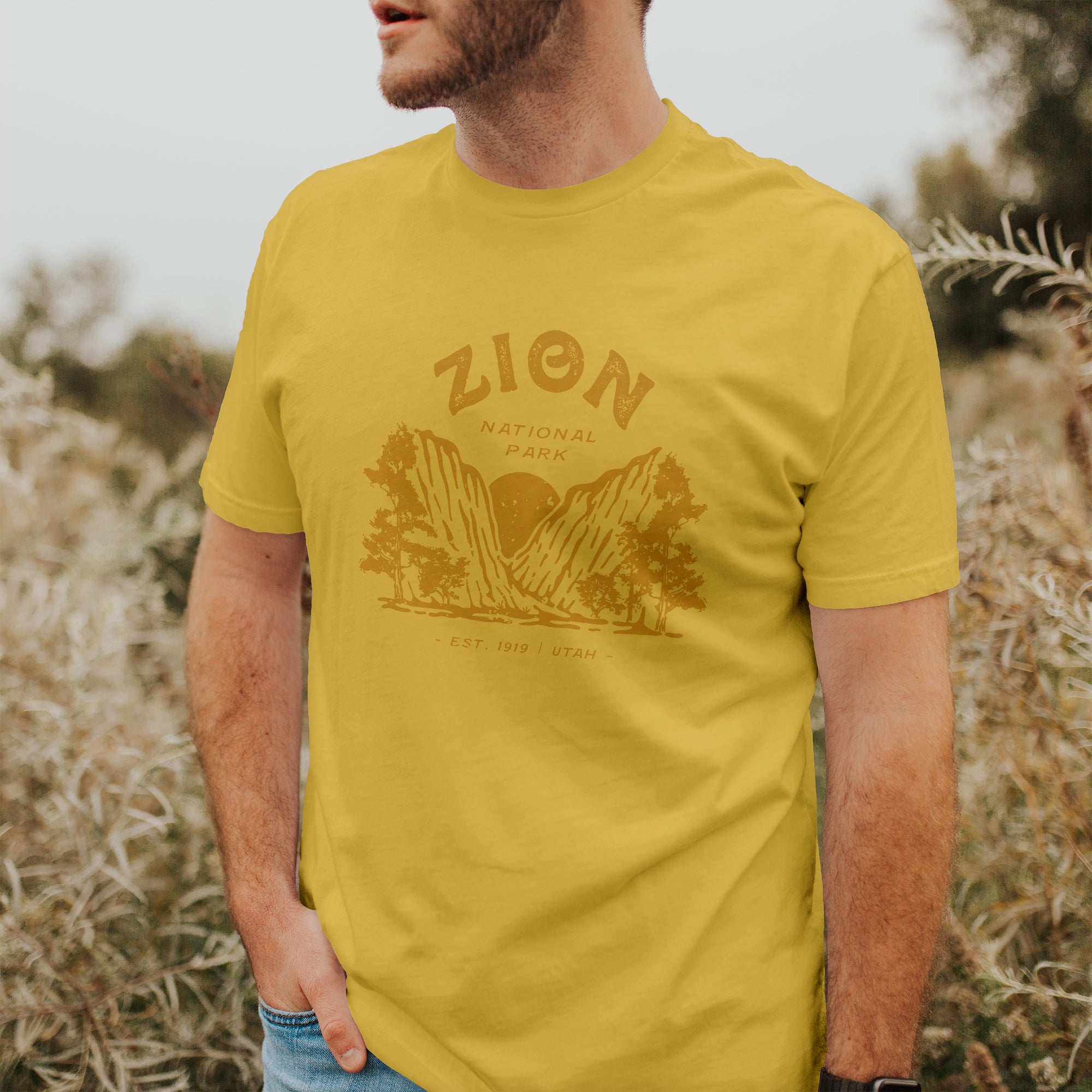 Zion National Park Short Sleeve T-Shirt featuring a relaxed fit and distressed design, made from soft combed cotton.