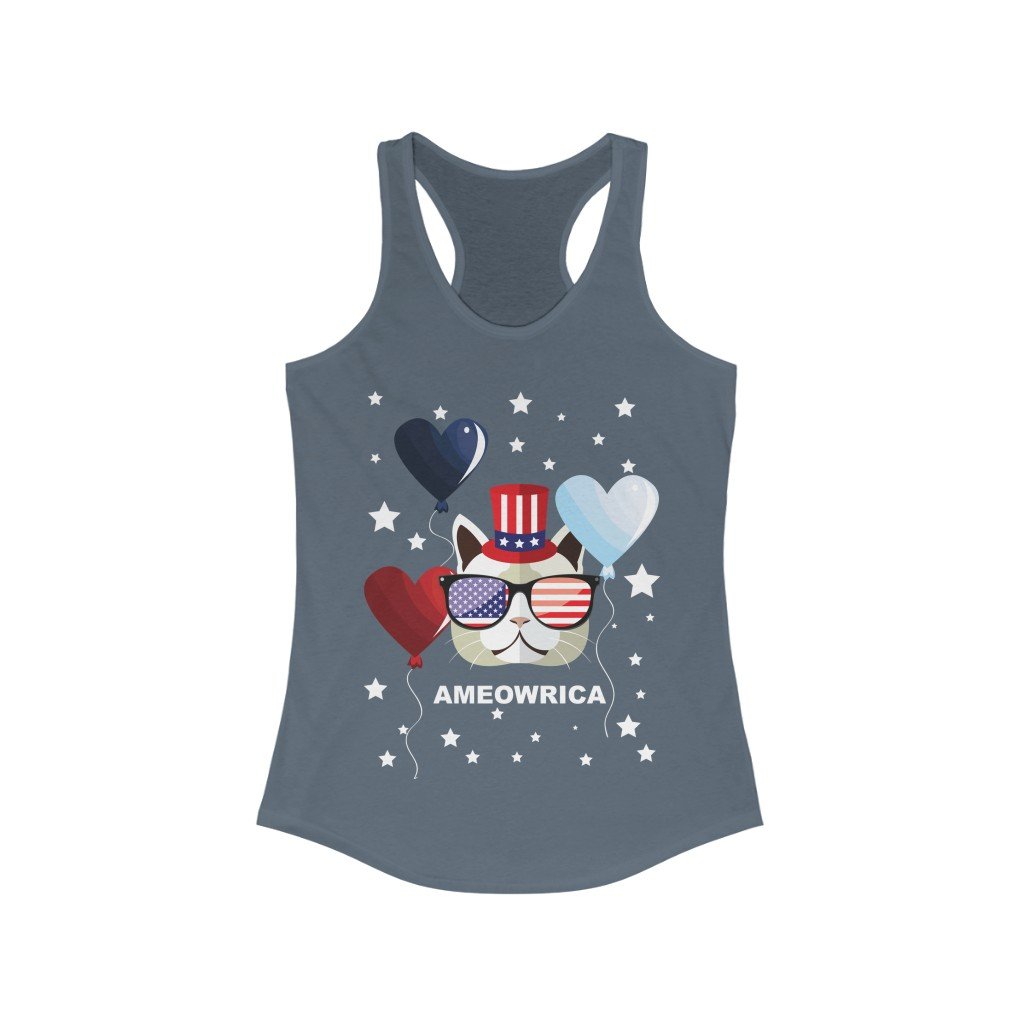 Ameowria July 4th Racerback Tank Top featuring a slim fit design in patriotic colors, perfect for summer celebrations.