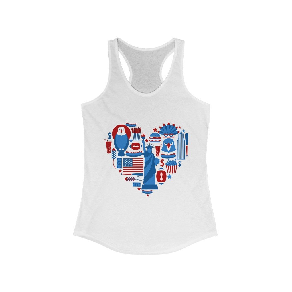 America Heart July 4th Racerback Tank Top featuring a vibrant heart design, made from 100% soft cotton, perfect for Independence Day celebrations.