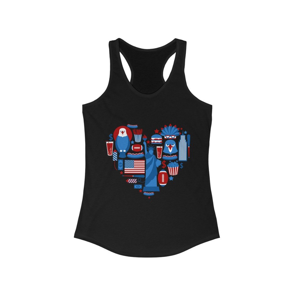 America Heart July 4th Racerback Tank Top featuring a vibrant heart design, made from 100% soft cotton, perfect for Independence Day celebrations.