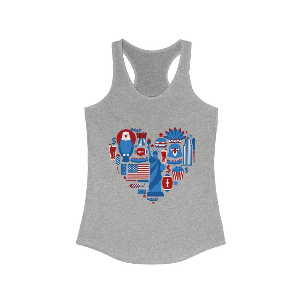 America Heart July 4th Racerback Tank Top featuring a vibrant heart design, made from 100% soft cotton, perfect for Independence Day celebrations.