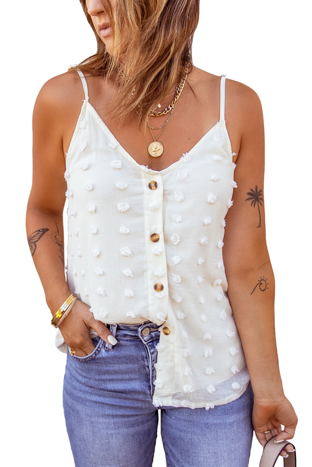 Beige Swiss Dot Tank top featuring adjustable spaghetti straps and button closure, perfect for summer wear.