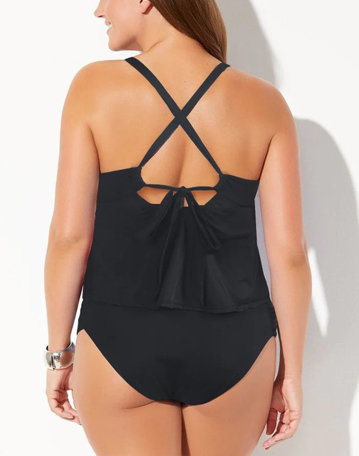 Black Scarf X-Back Tankini Set featuring a scoop neck, adjustable straps, and soft wire-free cups for full bust support.