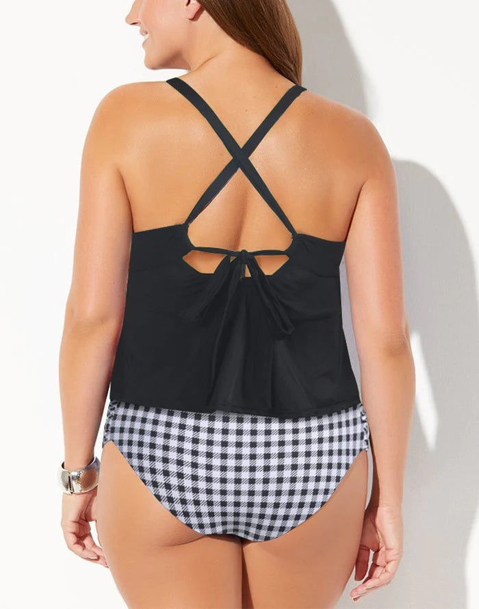 Black&White Plaid Scarf X-Back Tankini Set featuring a stylish plaid design, adjustable straps, and soft wire-free cups for comfort and support.