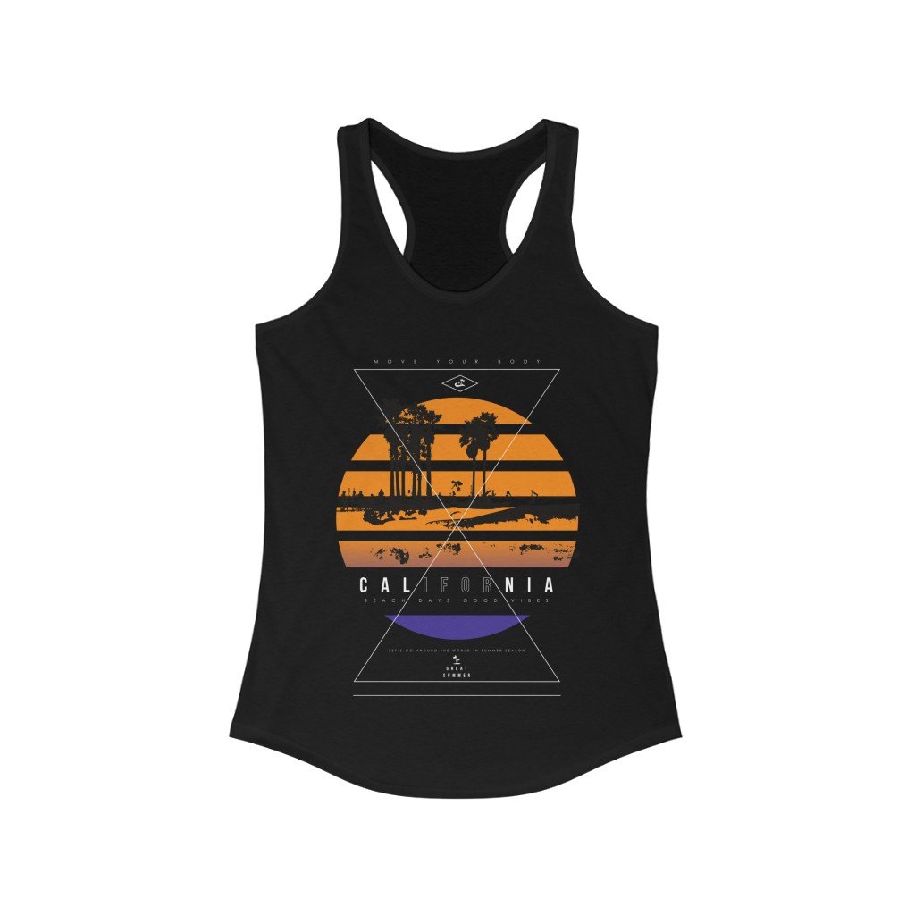 California Beach Racerback Tank Top in various colors, showcasing its slim fit and lightweight fabric, perfect for summer wear.