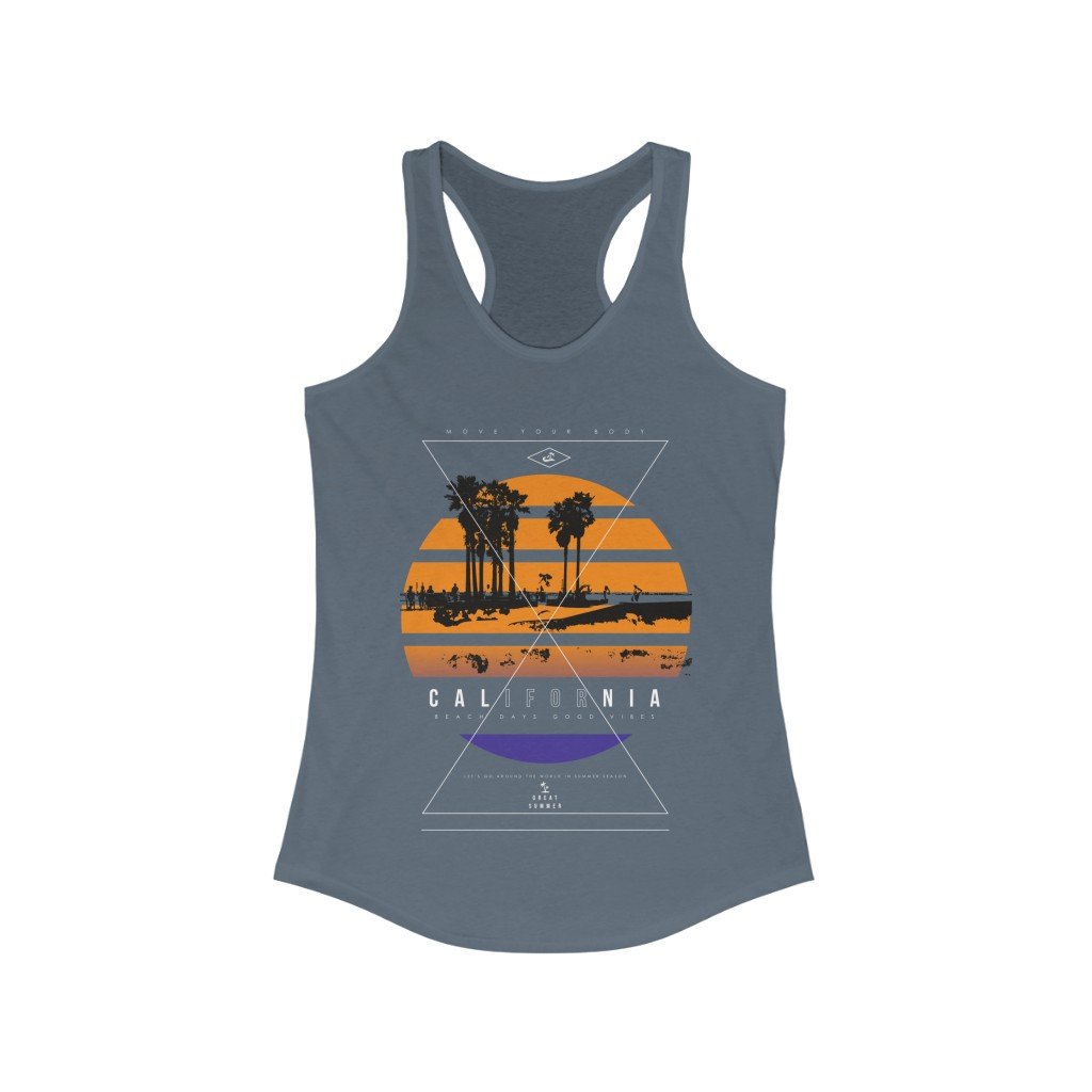 California Beach Racerback Tank Top in various colors, showcasing its slim fit and lightweight fabric, perfect for summer wear.