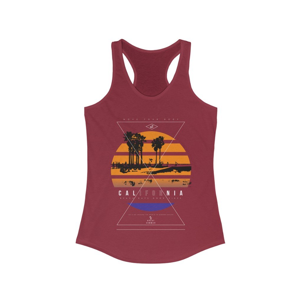 California Beach Racerback Tank Top in various colors, showcasing its slim fit and lightweight fabric, perfect for summer wear.