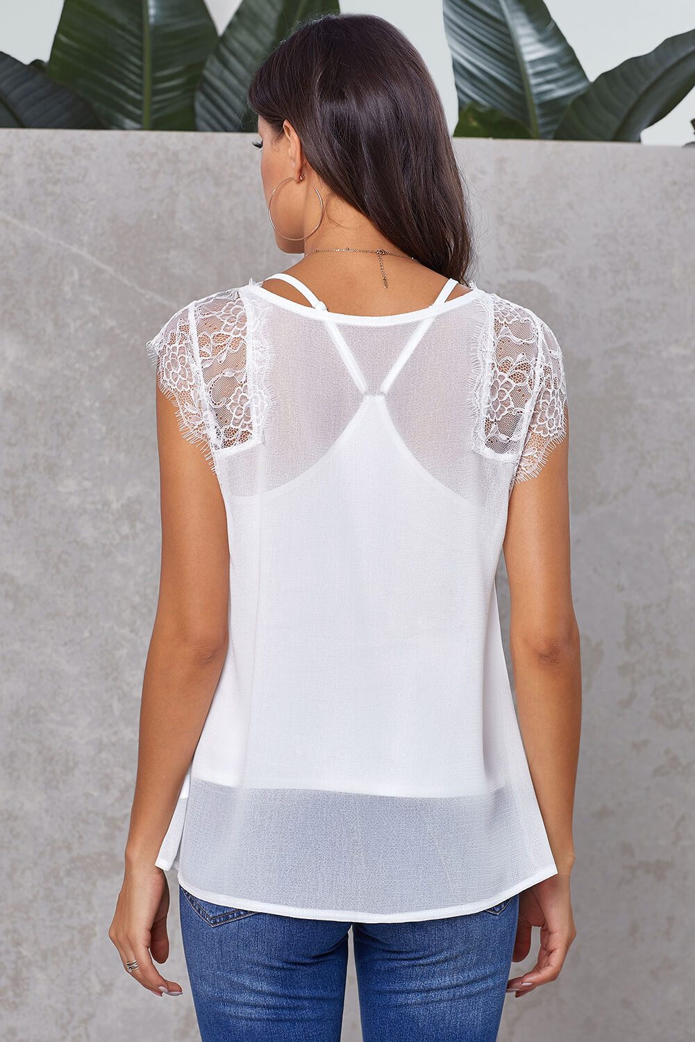 Chic From A Dream White Lace Tank Top featuring lace accents on shoulders and neckline, perfect for summer wear.