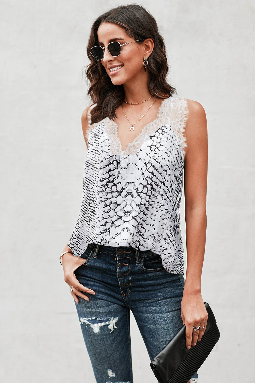 A stylish Contrast Lace Tank top featuring animal print and lace accents on shoulders and neckline, perfect for date nights.