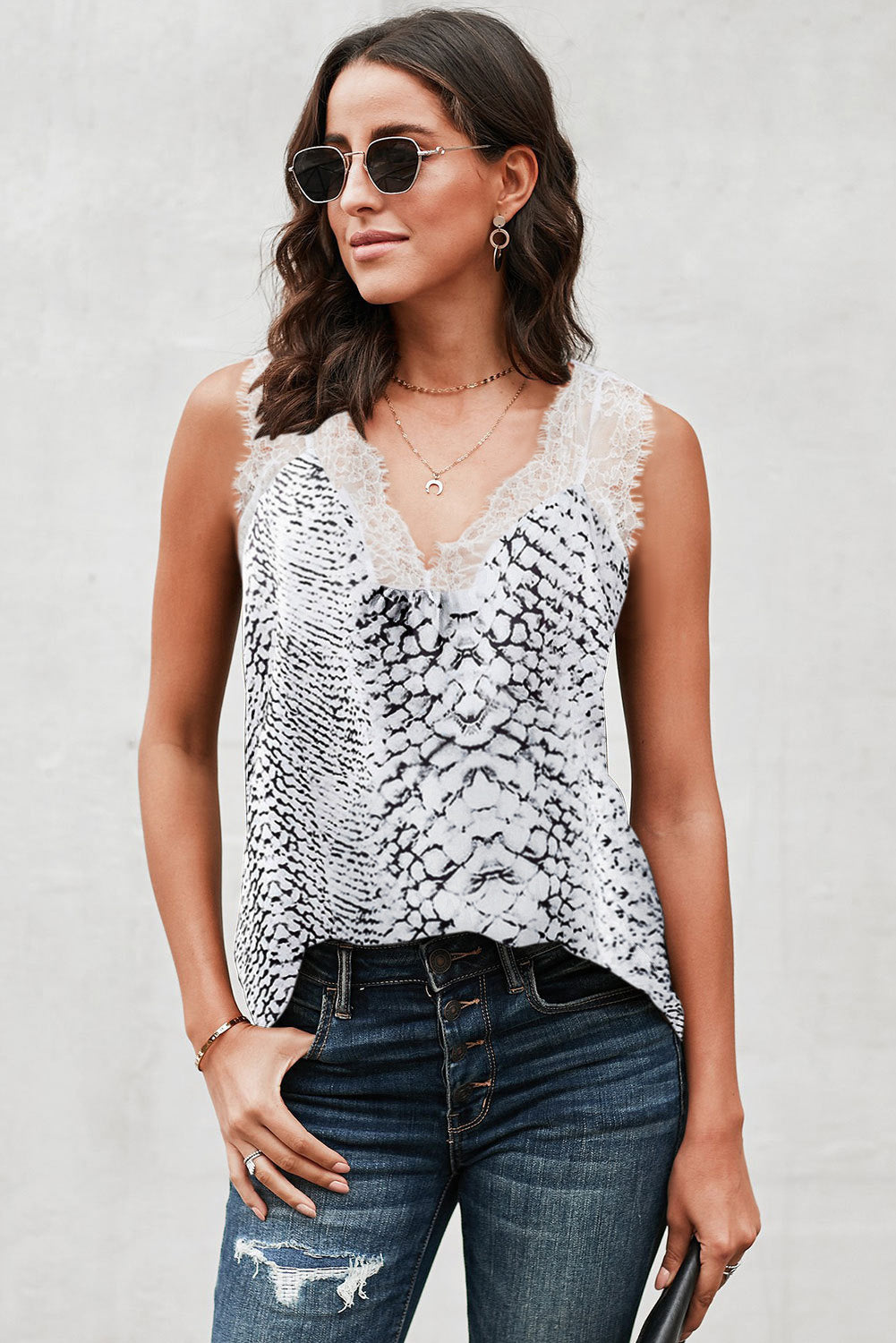 A stylish Contrast Lace Tank top featuring animal print and lace accents on shoulders and neckline, perfect for date nights.