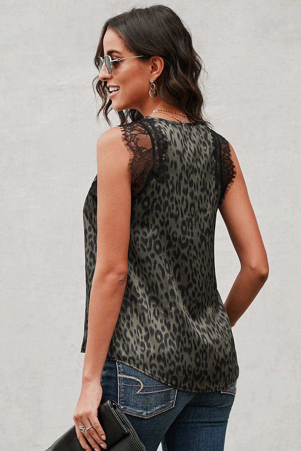 A stylish Contrast Lace Tank top featuring animal print and lace accents on shoulders and neckline, perfect for date nights.