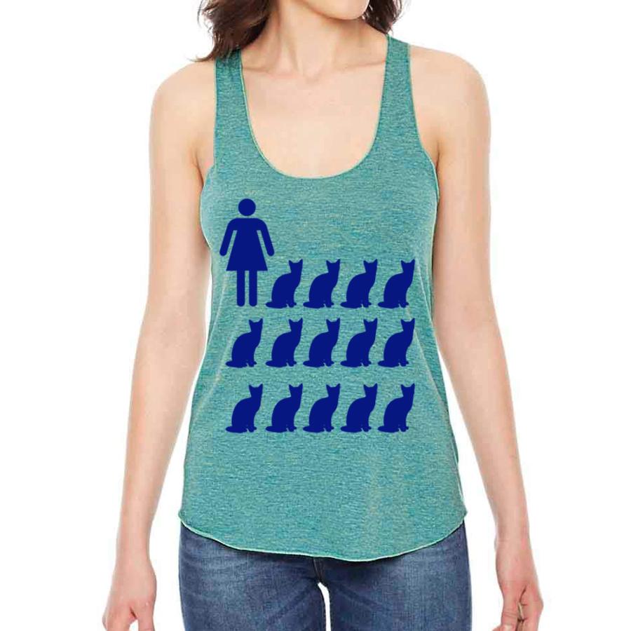 Woman in tank top with cats.