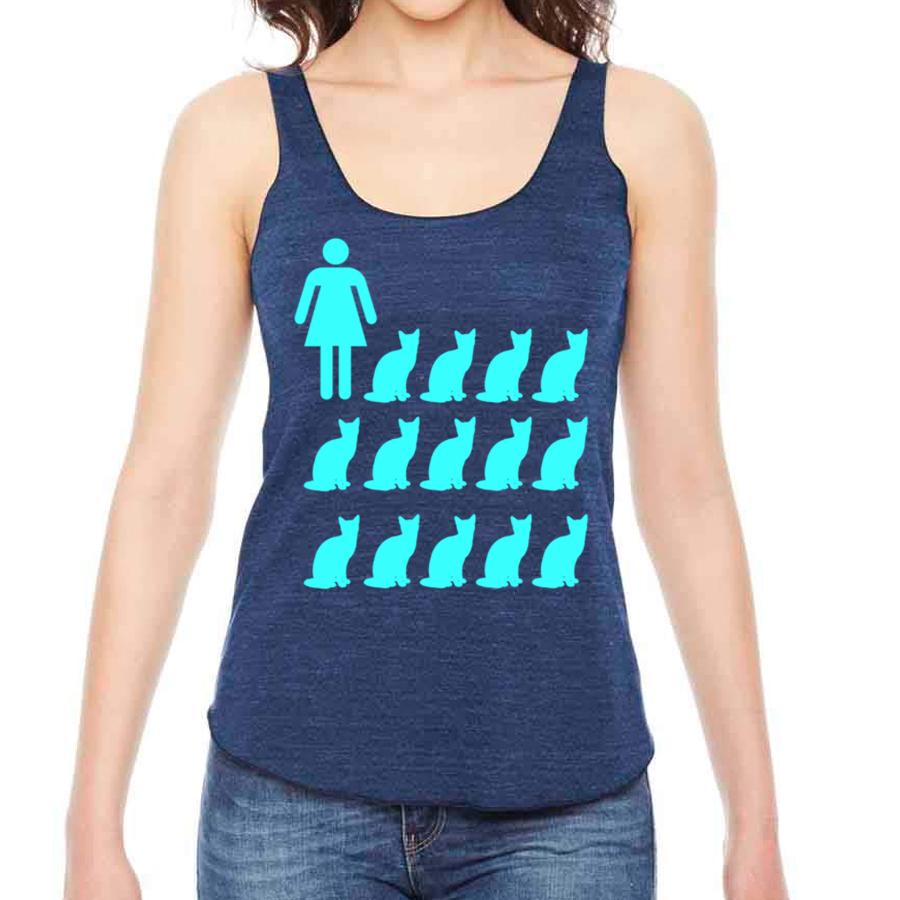 Woman in cat-themed tank top.