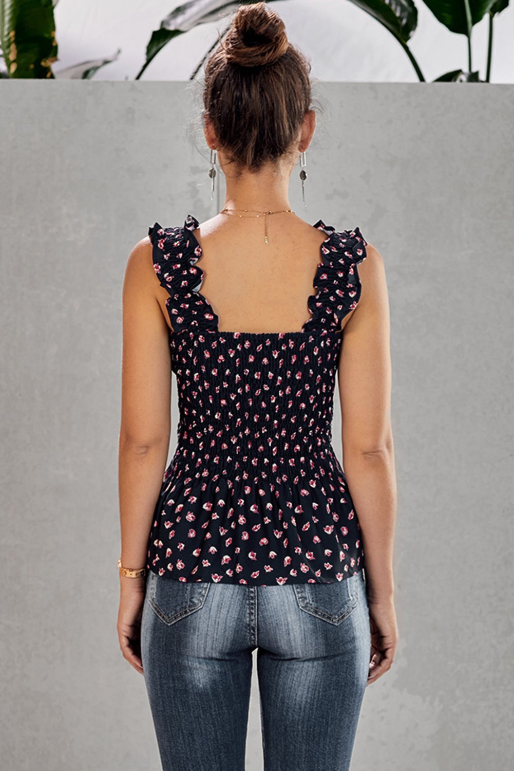 Cute Black Floral Smock Tank Top featuring floral print, ruffle details, and elastic straps, perfect for summer wear.