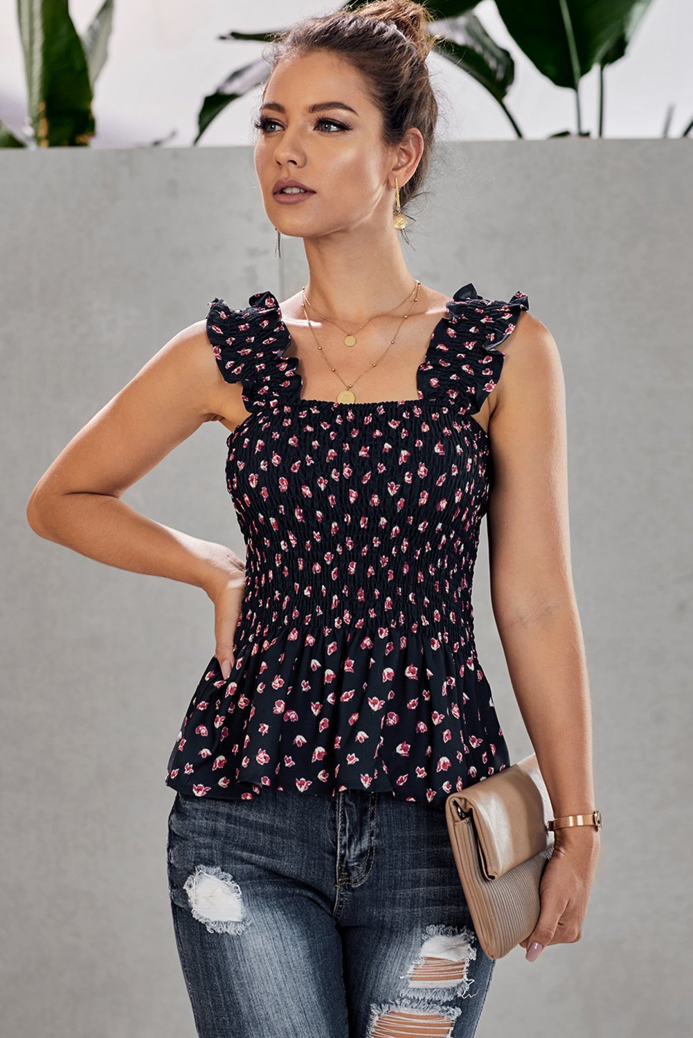 Cute Black Floral Smock Tank Top featuring floral print, ruffle details, and elastic straps, perfect for summer wear.