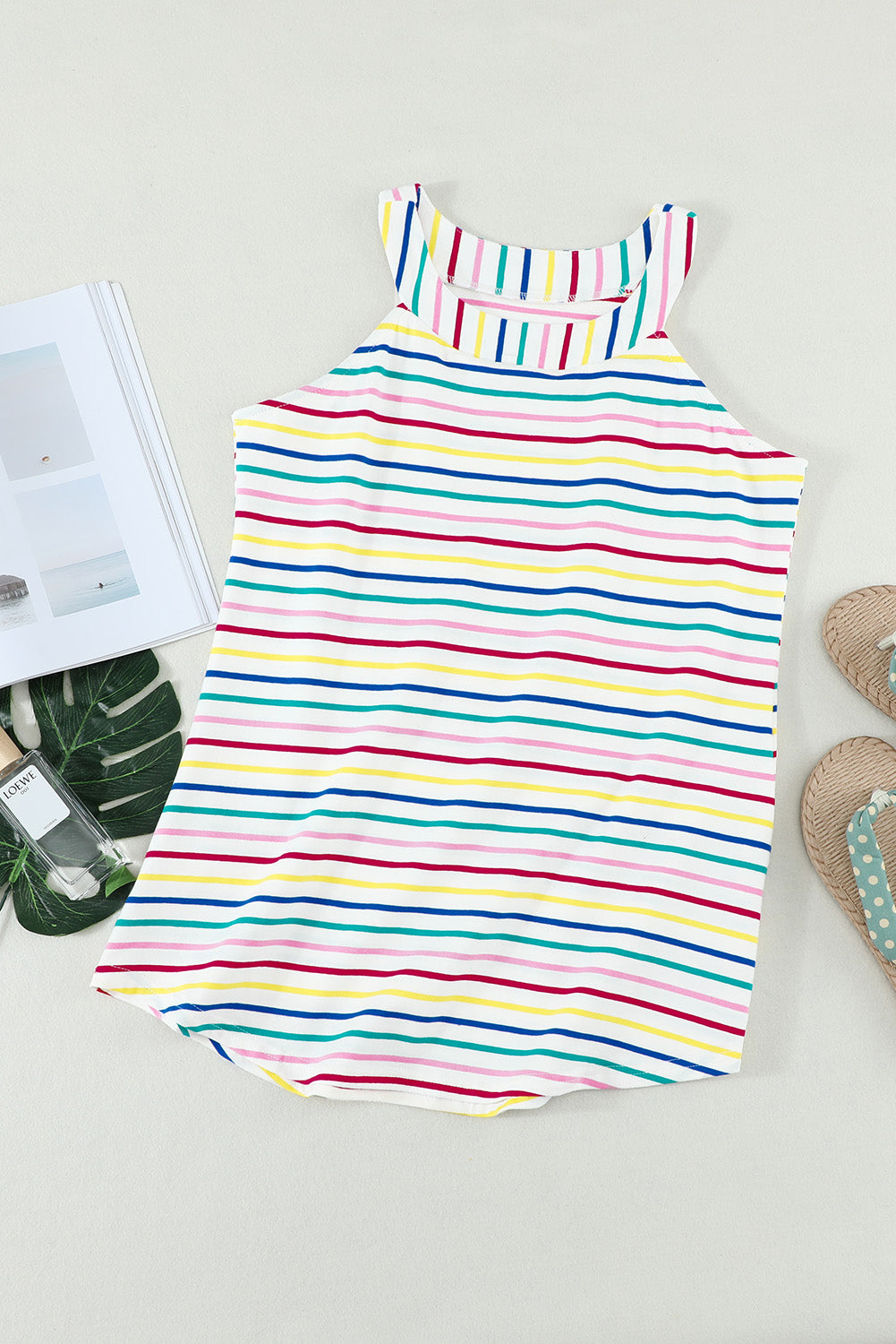 Cute Colorful Striped Halter Summer Tank Top featuring a vibrant multicolor stripe design, perfect for summer outings.