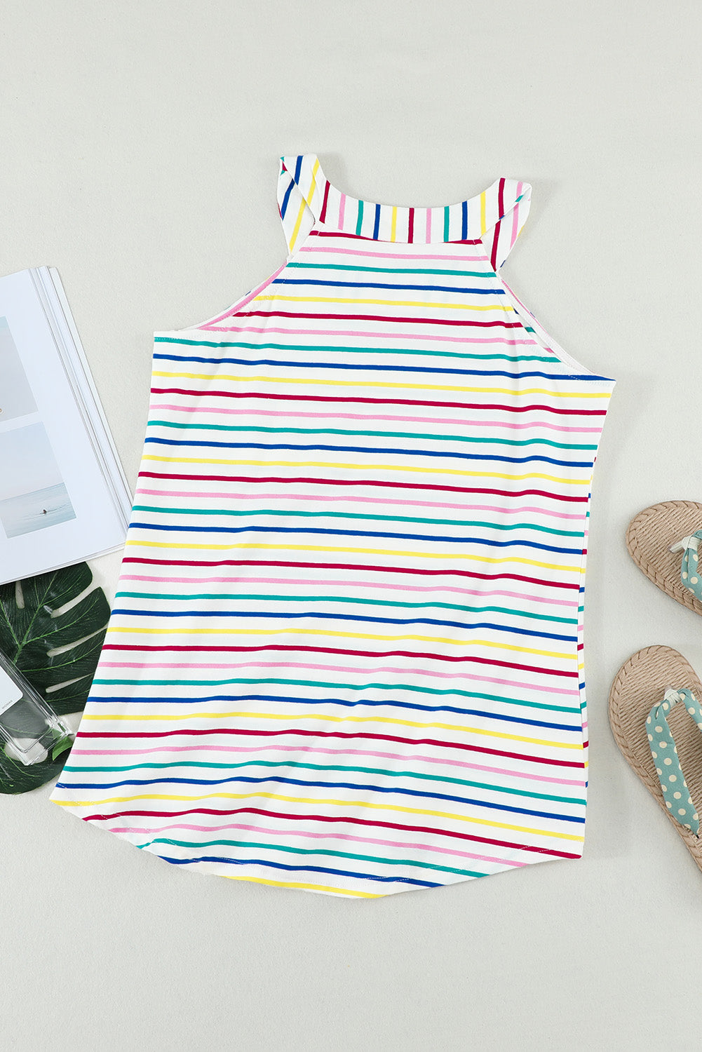 Cute Colorful Striped Halter Summer Tank Top featuring a vibrant multicolor stripe design, perfect for summer outings.