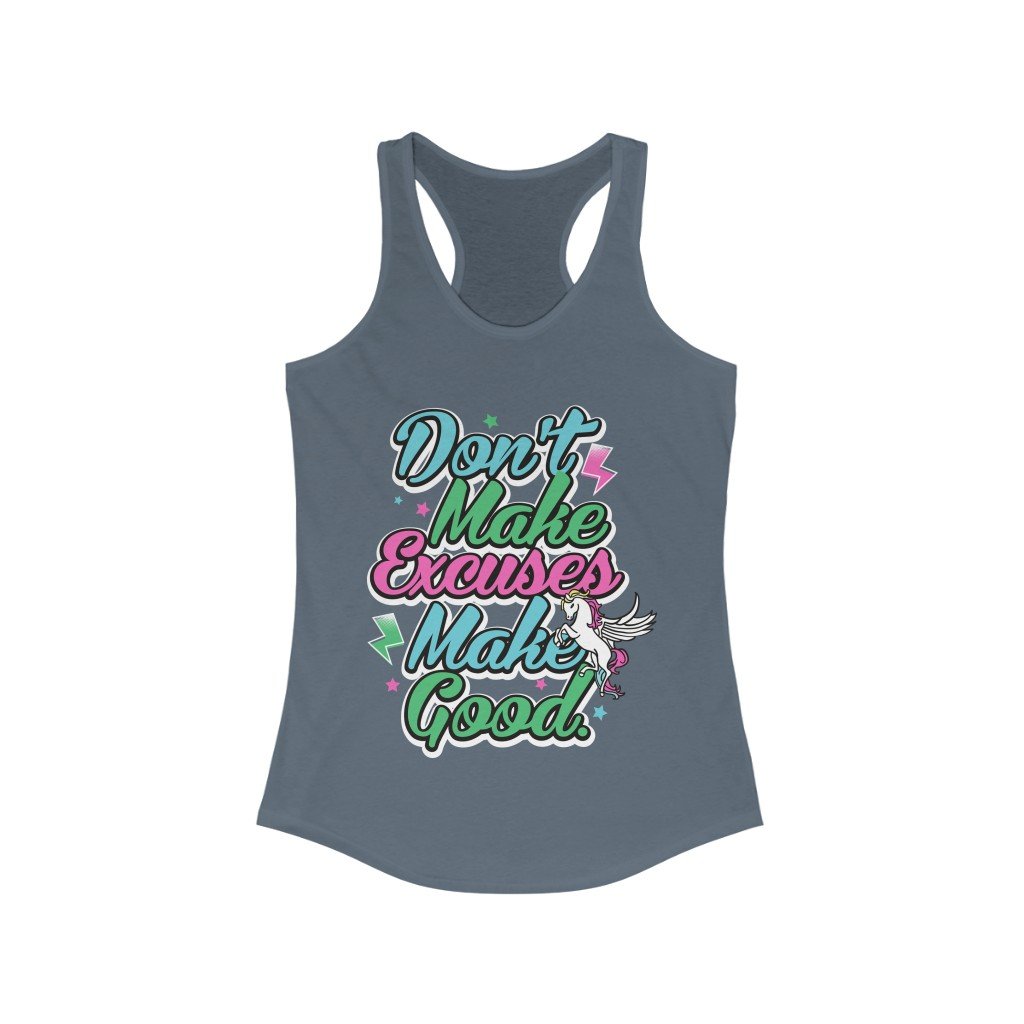 A stylish Don't Make Excuse Racerback Tank Top featuring a motivational quote, made from soft cotton and polyester blend, designed for comfort and performance.